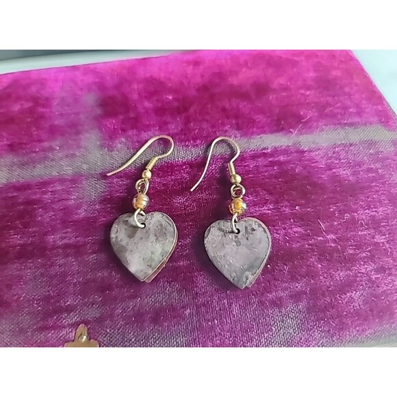 Two Tone Metal Heart Shaped Dangling Pierced Earrings Vintage - Picture 8 of 10
